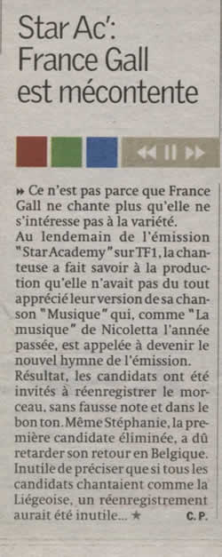 Quotidien belge : Star Ac' : France Gall est mécontente